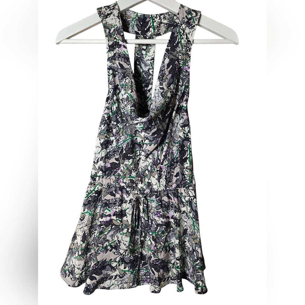 Tracy Reese Silk Cowl Neck Halter Tank Top Black Leaves Small Abstract